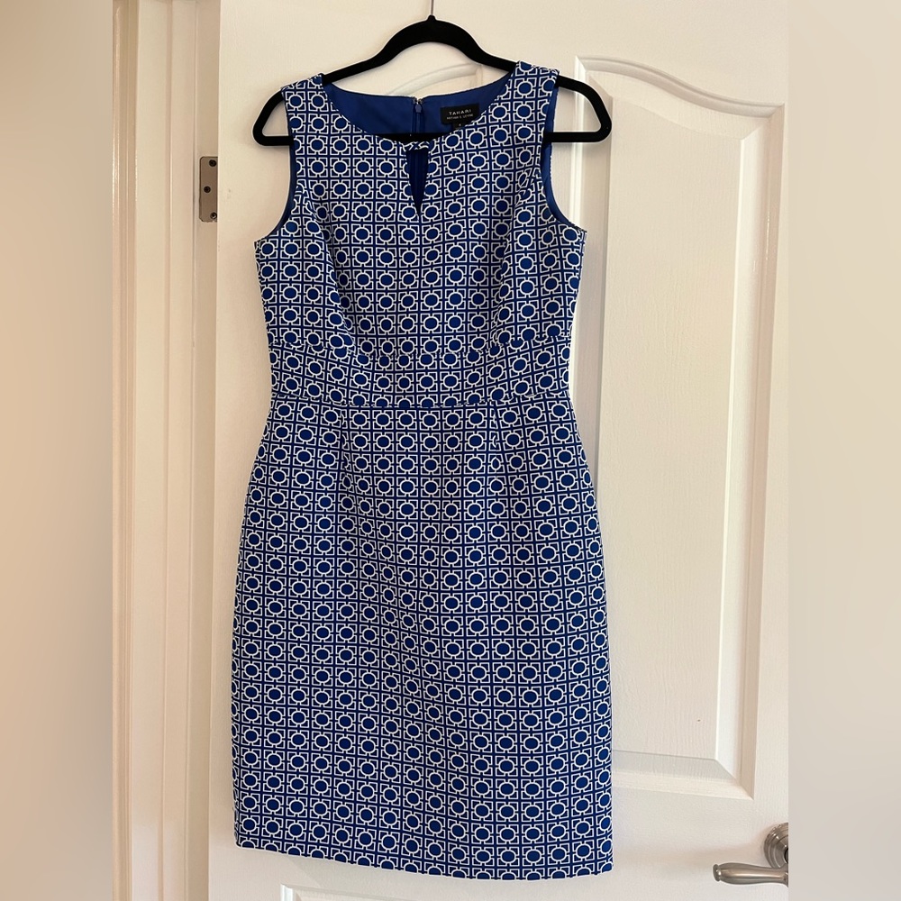 Tahari blue and white sleeveless sheath dress